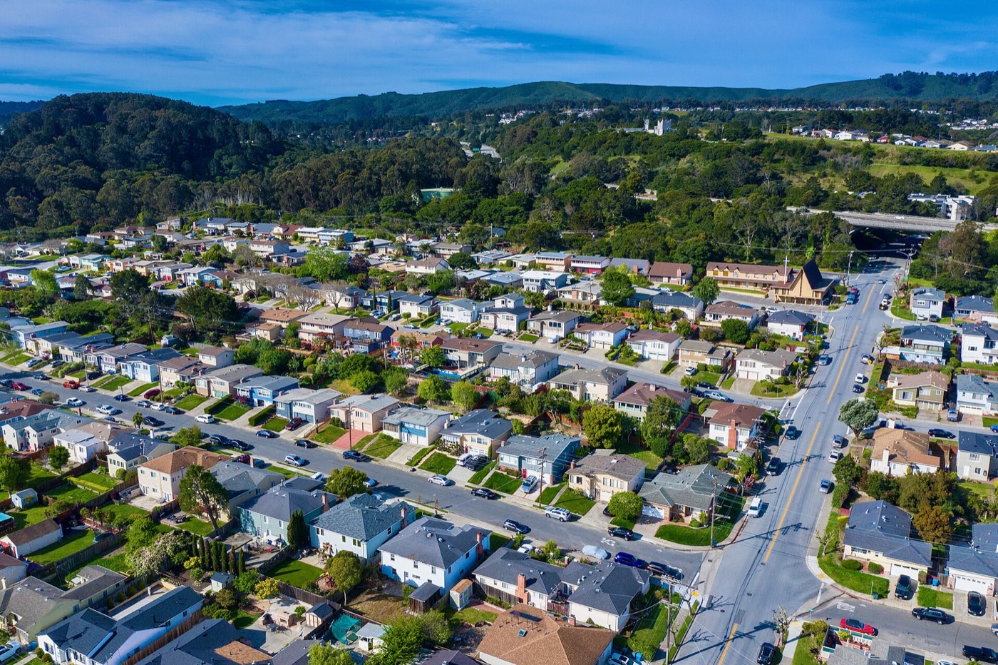 Aerial view of homes in San Bruno’s Huntington Park neighborhood